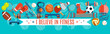 Set of sport balls and gaming items at a turquoise background. Healthy lifestyle tools, elements. Vector Illustration.