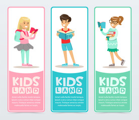 Wall Mural - Set of banners with cheerful teens holding books in hands. Young boy and girls learning and studying. School flat vector characters reading books.