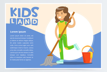 Poster - Card with boy hangs clothes in the closet. Kid doing a home cleanup, household chores. Teenager cleaning his room. Flat style cartoon vector illustration.