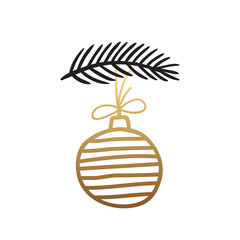 Wall Mural - decorative toy, golden ball in stripes weighs on a spruce branch. symbol of merry christmas and happ