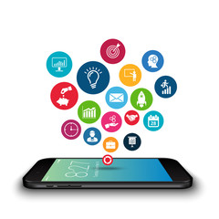 Aufkleber - Vector smartphone device with app icons. Social network. Mobile business bubble speech template style.