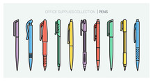 Office Supplies Collection. Pens Set. Writing Tools. Outline Style. Ballpoint Thin Line Vector Icons. Biro, Fountain Pen, Gel Pen, Ballpoint Pen, Capillary Pen. Back To School. Writing Materials