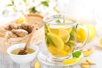 Wall Mural - Flavored herbal tea with fresh lemon, ginger and mint leaves on white background, closeup