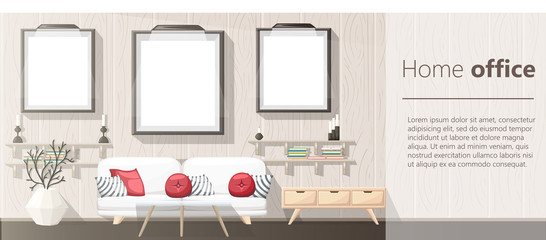 Interior Design. Modern living room with grey sofa, vase, shelf with books and nightstand. Apartment interior in the flat style. Isolated vector illustration cozy interior on the white background