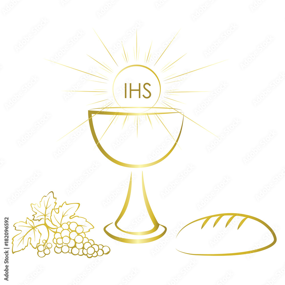 Gold chalice and first communion symbols for a nice invitation design. - obrazy, fototapety, plakaty 