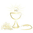 Gold chalice and first communion symbols for a nice invitation design.