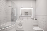 Fototapeta Przestrzenne - 3d illustration of an interior design of a white minimalist bathroom. Modern Scandinavian style of interior. Bathroom without textures and materials