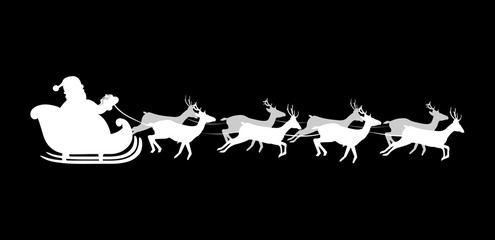 White silhouette of flying Santa Claus with reindeer on black background. Vector greeting card, Christmas card. Holiday season backdrop template illustration. Christmas and New Year eve card