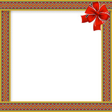 Cute Christmas Or New Year Frame With Red, Green, Yellow Zig Zag Pattern, Red Festive Bow In The Corner And Space For Text. Vector Illustration, Template, Border For Design. 