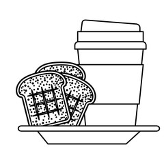 Poster - disposable coffee cup and bread slices on dish in monochrome silhouette on white background vector illustration