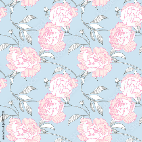 Seamless pattern, hand drawn pink Peony flowers on blue background