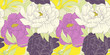 Seamless pattern, hand drawn pink, white and purple Peony flowers on yellow background
