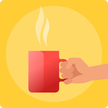 Human Hand Is Holding A Red Ceramic Cup With Coffee Or Tea. Flat Vector Illustration Of Hand Holds A Hot Mug By The Handle. Design Element Isolated On White For Web, Presentations, Infographics.