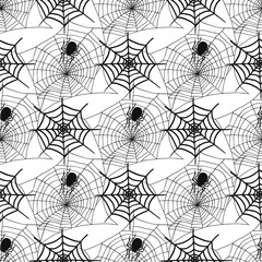Wall Mural - Spiders and spider web silhouette spooky seamless pattern background halloween vector cobweb decoration fear spooky net.