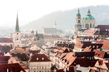 Prague Roofs, Churchs And Buildings Panoramic View, Czech Republic