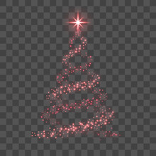 Stylized Red Christmas Tree As Symbol Of Happy New Year Holiday Or Merry Christmas Celebration. Bright Christmas Tree Star. Design For Card. Black Transparent Background Vector Illustration