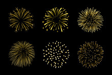 Beautiful Gold Fireworks Set. Bright Fireworks Isolated Black Background. Light Golden Decoration Fireworks For Christmas, New Year Celebration, Holiday Festival, Birthday Card Vector Illustration
