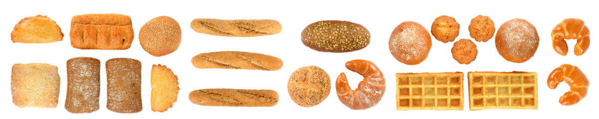 Panoramic set of fresh bread products isolated on white background. Top view.