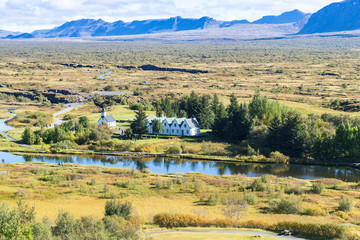 Sticker - above view of valley with Thingvallakirkja church