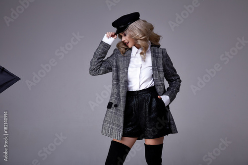 Gray Background Studio Beautiful Woman Spring Fall Collection