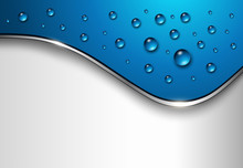 Background With Blue Water Drops, Vector 3d Background With Dew And Copy Space.