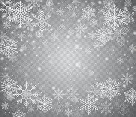 Wall Mural - falling snow in different shapes. christmas snow with snowflakes on transparent background. snowfall