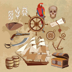 Wall Mural - Treasure chest, parrot. steering wheel skull rum saber pirate hat and ship. Old pirate treasure map. Adventure stories art background