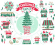 Christmas market illustration. Winter time. Merry Christmas and Happy New Year on amusement park, winter market, festival, fair. Christmas tree shops with gifts, a Ferris wheel and carousel with horse