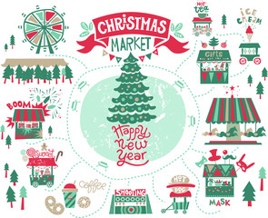 Christmas market illustration. Winter time. Merry Christmas and Happy New Year on amusement park, winter market, festival, fair. Christmas tree shops with gifts, a Ferris wheel and carousel with horse