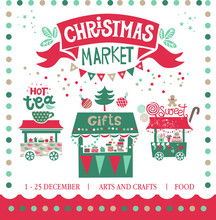 Christmas Market Illustration. Winter Time. Merry Christmas And Happy New Year On Amusement Park, Winter Market, Festival, Fair. Poster, Invitation, Postcard. Shops With Hot Drinks, Sweets And Gifts