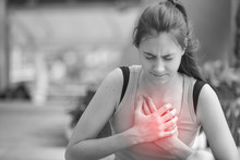 Cute Teenage Girl With Gesture Cardiac Massage Or Clutching Her Chest After Acute Pain Heart Attack. Young Woman Having Chest Pain Or Heart Attack Symptom. Healthcare And Lifestyle Concept