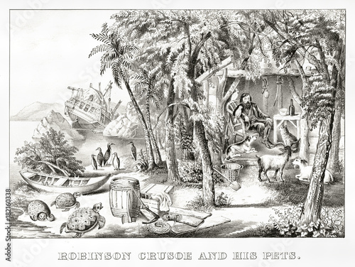 Fotomural Robinson Crusoe in his island with his pets after the shipwreck