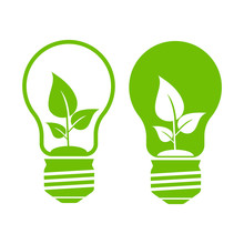 Flat Illustration Of Green Light Bulb With Leaf Inside
