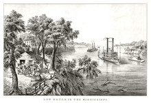 Tipical Landscape Along The Mississippi River. Vegetation, Ancient Huts And Steam Boats. Old Illustration By Currier & Ives, Publ. In New York, 1867