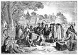 Signature of treaty between William Penn and Lenape natives in Shackamaxon on an ancient beach with colonial houses on background. By of Benjamin West published on Magasin Pittoresque Paris 1834