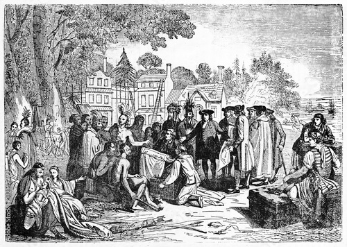 Fotografía Signature of treaty between William Penn and Lenape natives in Shackamaxon on an ancient beach with colonial houses on background