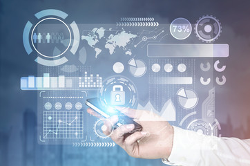 Poster - HUD and graphs, man s hand with smartphone