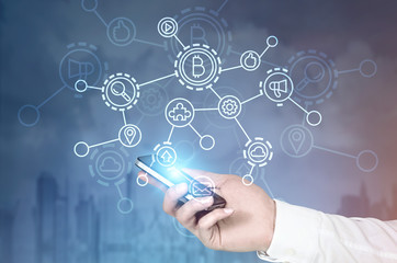 Poster - Businessman s hand, smartphone, bitcoin network