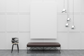 Bench in a white room with a poster