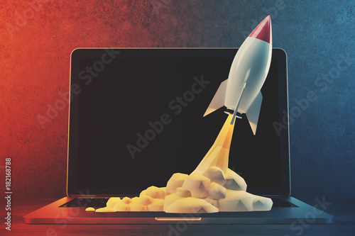Plakat Biała i czerwona rakieta, laptop, przestrzeń