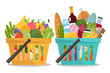 Grocery in a shopping basket and vegetables and fruits in basket. Vector illustration. Flat design.
