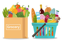 Grocery In A Shopping Basket And Fruits And Vegetables In A Paper Bag. Vector Illustration. Flat Design.