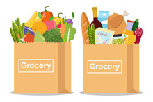 Grocery In A Paper Bag And Vegetables And Fruits In Paper Bag. Vector Illustration. Flat Design.