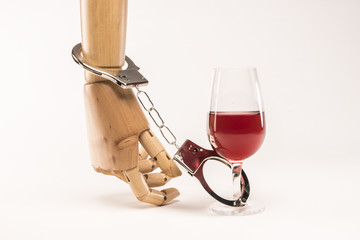 Hand tied to a glass of alcohol with handcuffs. Metaphor of addict to alcohol. Studio Shot. With copy space text. Isolated on white background.