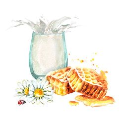 Glass of milk with splash and natural fresh honeycomb. Watercolor hand drawn illustration