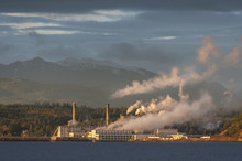 Industrial Pulp Mill In Port Townsend, Washington. The Olympic Mountains Provide A Backdrop To The Historic Pulp Mill Located Along The Waterfront Of The Maritime City Of Port Townsend.