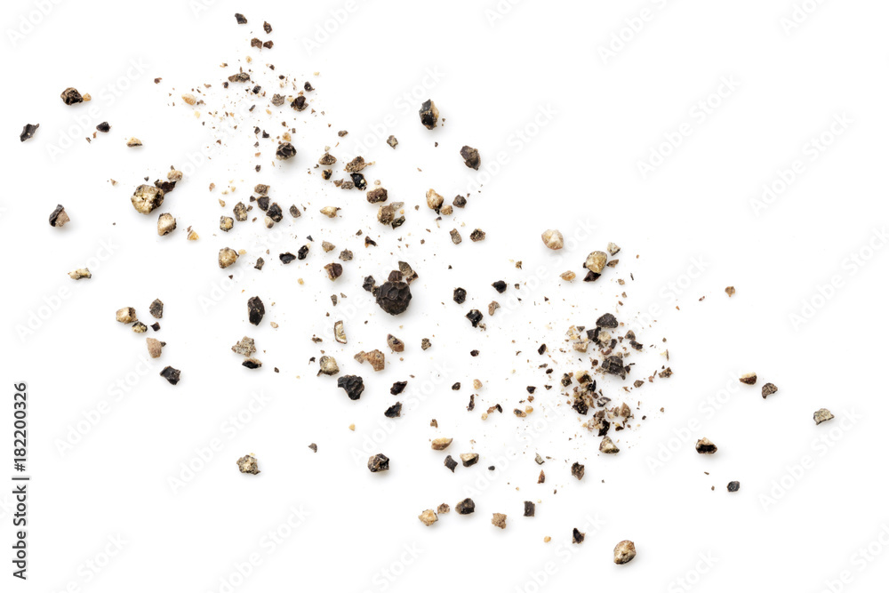 Crushed Black Peppercorns Scattered on White Background - obrazy, fototapety, plakaty 