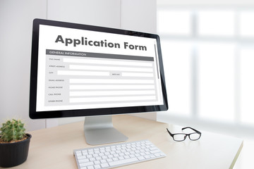 Poster - business man working on laptop computer use Online Web Job Application Form moniter