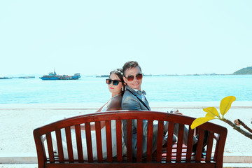 Asian couple photographed before marriage is Pre-wedding on Koh Si Chang Island.