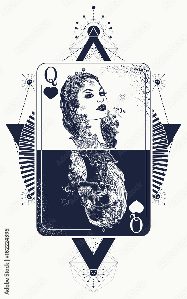 Queen tarot cards, success and defeat, casino, poker tattoo. Queen playing card tattoo and t-shirt design. Beautiful girl and queen skeleton, Gothic playing card. Symbol of gamblings